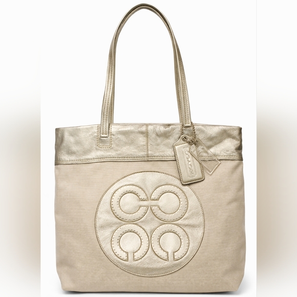 Coach Handbags - Coach Julia Perry Op Art Tote Ivory Shimmer Canvas Metallic Leather Bag EUC Rare